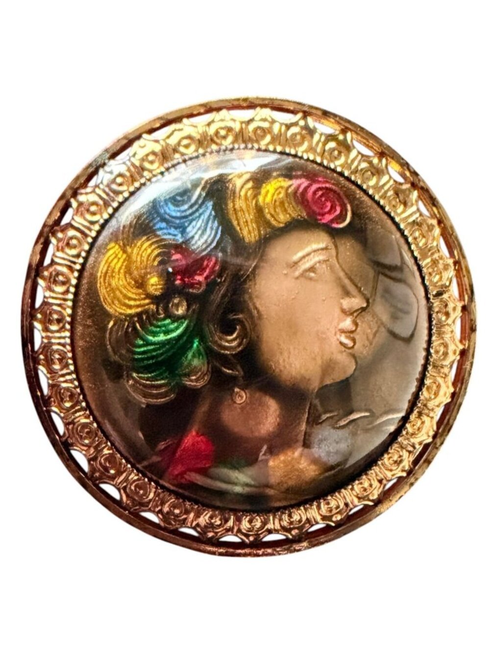 Vintage 1950s Reverse Carved Lucite Renaissance Lady Brooch New Old Stock